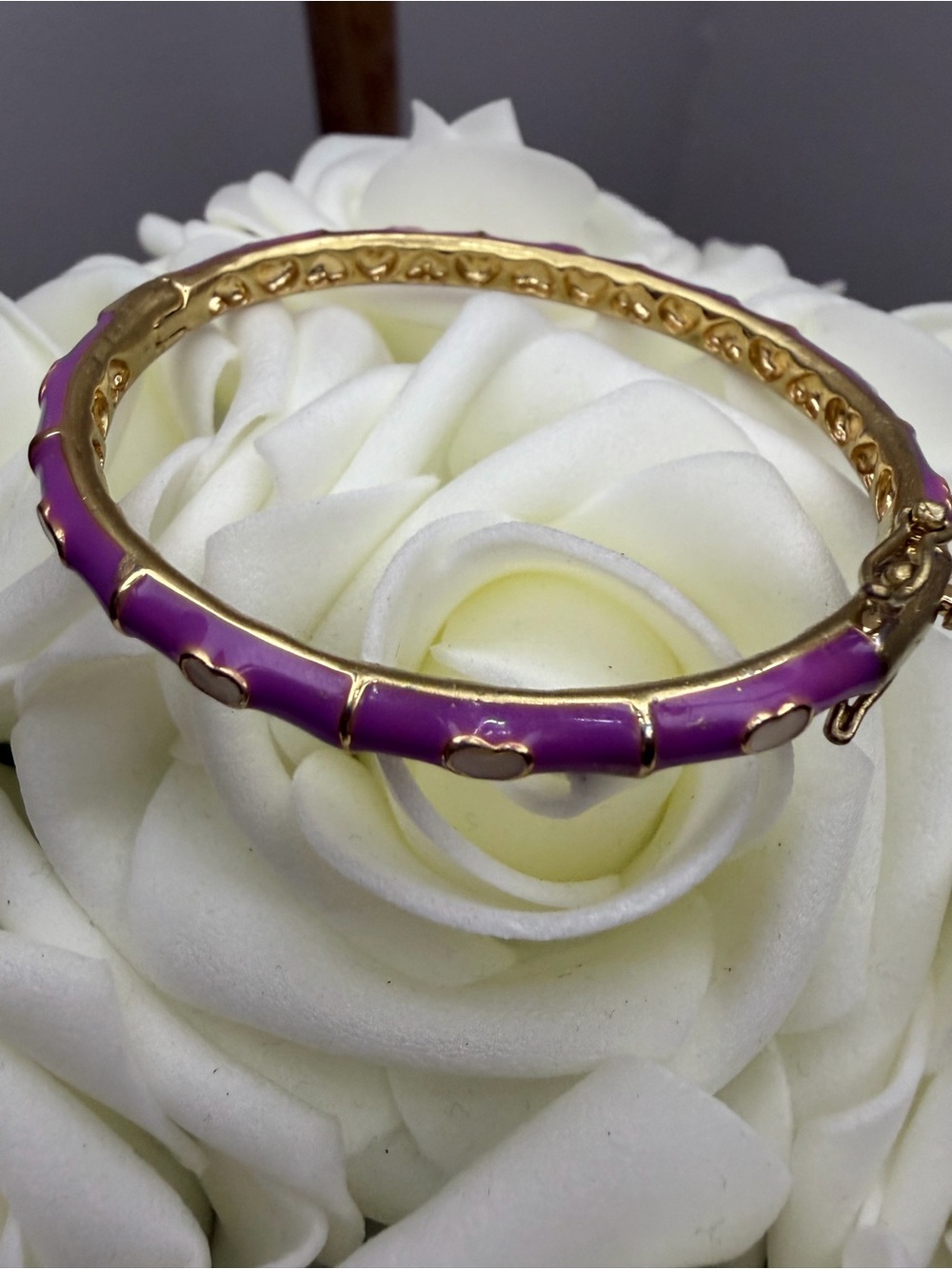 Purple Enamel Gold Tone Hinged Bangle Bracelet w/ Heart Accent Box Clasp